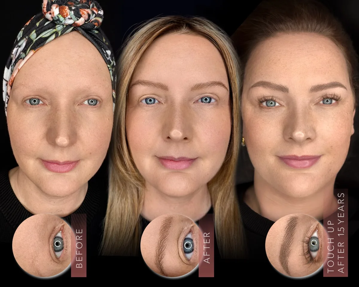 Augenbrauen vorher, direkt nach der Behandlung und beim Touch-up nach eineinhalb Jahren