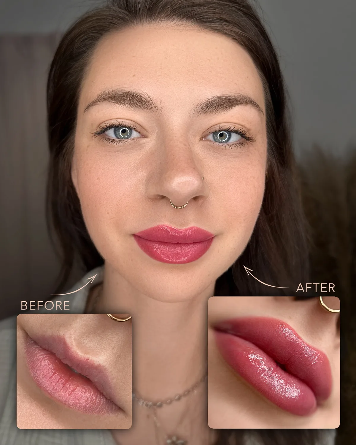 Kundin im Porträt mit Lip Blush, vorher und nachher als Ausschnitt